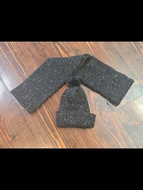 Handmade Black Tweed Knit Scarf and Beanie Set | Speckled Winter Hat, 63" Scarf